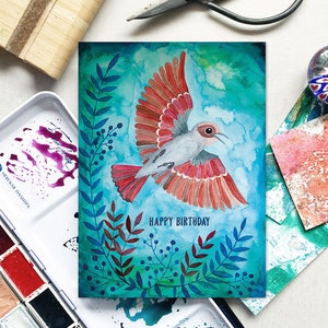 Biglietto d'auguri Heaven con illustrazione colorata, cartolina A6 con uccelli e motivo botanico, stampa artistica, biglietto di buon compleanno