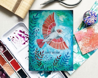 Heaven Greetings Card with colorful illustration, A6  postcard with bird and botanical motive, art print, happy birthday card