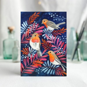 Rotkehlchen-Vögelchen-Grußkarte mit farbenfroher Illustration, A6 Postkarte mit Vögeln und botanischem Motiv, Kunstdruck, zum Vatertag