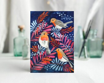 Robin birds Greetings Card with colorful illustration, A6 postcard with birds and botanical motive, art print, for father's day