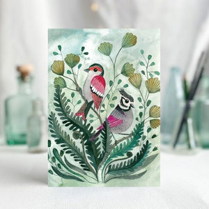 Biglietto d'auguri con uccelli e felci con illustrazione colorata, cartolina A6 con motivi di uccelli e felci, stampa artistica, per il migliore amico
