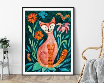 Orange Cat sitting in flowers, botanical art print, floral and animal wall art, perfect gift for cat lovers, home decoration, cute kitty