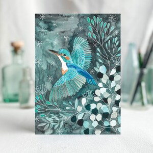 Carte de voeux Kingfisher avec illustration colorée, carte postale A6 avec oiseau et motif floral, impression d'art, pour belle grand-mère