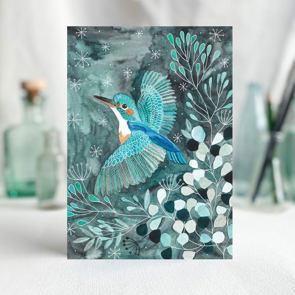 Eisvogel Grußkarte mit farbenfroher Illustration, A6 Postkarte mit Vogel und Blumenmotiv, Kunstdruck, für die liebe Oma