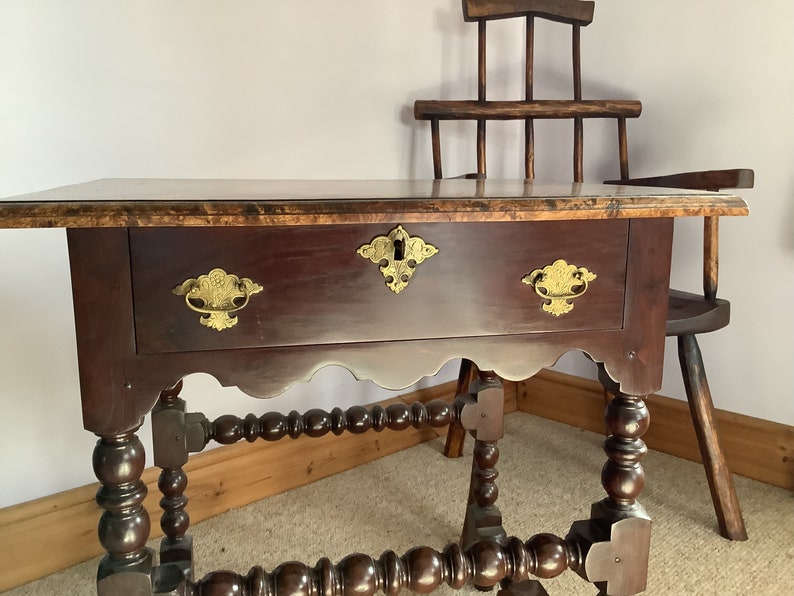 Late 17th century style bobbin side table.with Burr elm top. image 4