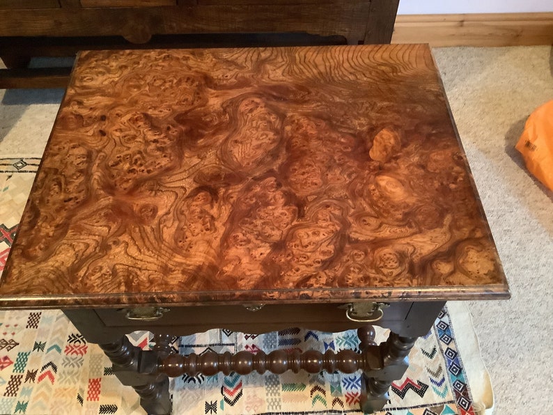 Late 17th century style bobbin side table.with Burr elm top. image 2