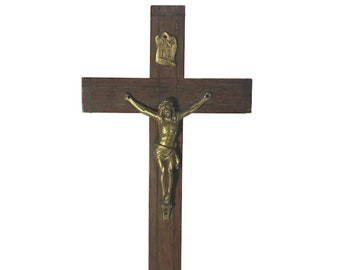 Art Deco Crucifix: Gold Gilt Jesus, Walnut Cross (9.75" Tall)