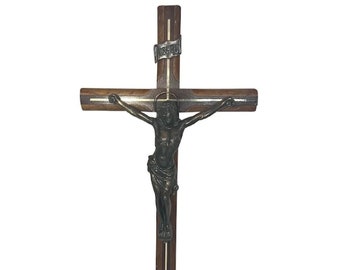 Large Vintage Crucifix: Bronzed Jesus, Carved Wood Cross