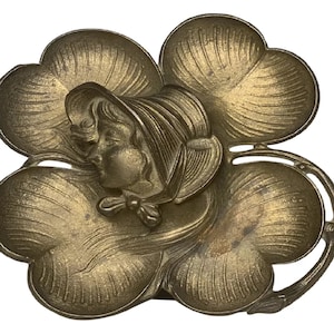 Art Nouveau Lady Luck Clover Inkwell: Gilt Bronze Cast Iron