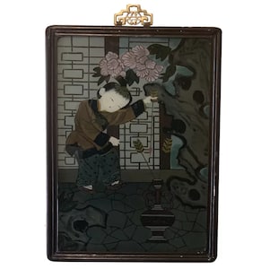 Chinese Reverse Glass Painting: Girl with Arrow, Rosewood Frame