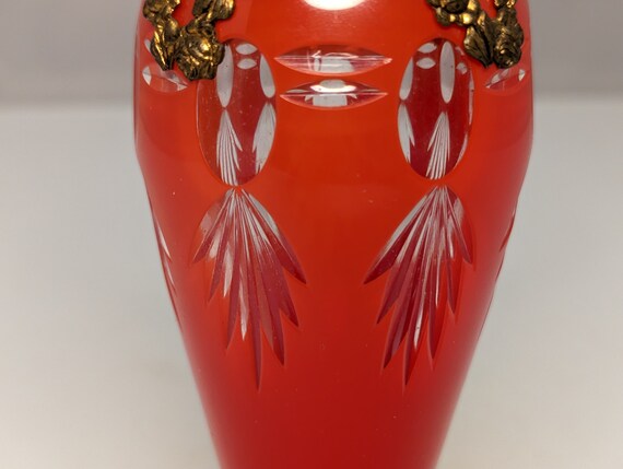 Czech Red Cut to Clear Jeweled Atomizer: Ormolu Filigree Floral Design View 6