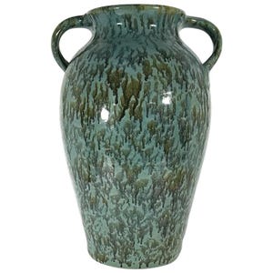 May include: A tall, ceramic vase with a teal and brown glaze. The vase has two curved handles and a wide body. The glaze has a dripped effect, creating a textured appearance. The vase is suitable for home decor.