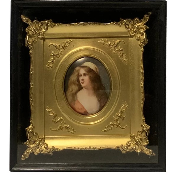 Franz Wagner Miniature Portrait Painting titled Agesta after Angelo Asti on Hutschenreuther Porcelain Plaque in Shadow Box Frame
