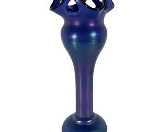 Loetz Iridescent Blue Glass Vase: Austrian Pierced Art Nouveau Vase, c. 1905