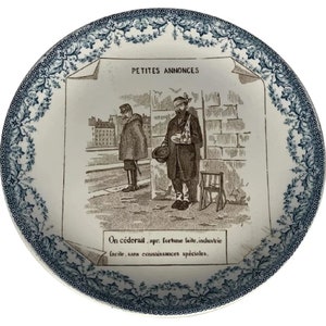 Digoin Sarreguemines Transferware Plate: &quot;Petites Annonces&quot; Scene