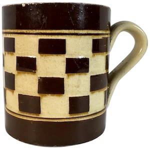 Antique Child&#39;s Mochaware Mug: Checkerboard Yellowware, Austrian 19th Century