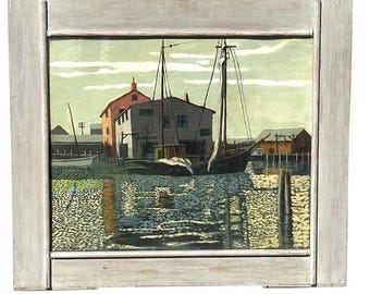 Rockport School Harbor Scene Oil Painting c. 1940s