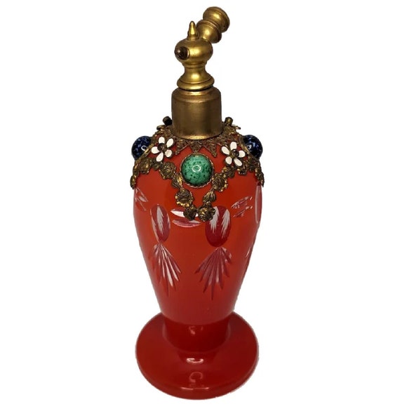 Czech Red Cut to Clear Jeweled Atomizer: Ormolu Filigree Floral Design