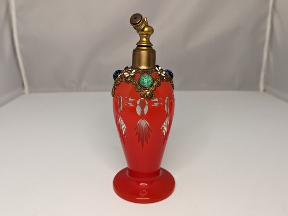 Czech Red Cut to Clear Jeweled Atomizer: Ormolu Filigree Floral Design View 3