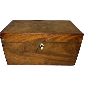 Antique Georgian Mahogany Tea Caddy: Satinwood Inlay, Bone Escutcheon