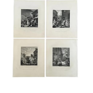 Antique &quot;Times of the Day&quot; Steel Engravings by Hogarth, Set of Four c. 1880