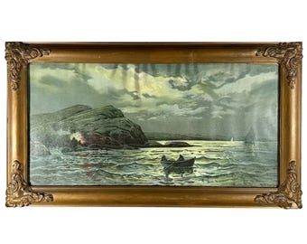 Litografía antigua de paisaje marino tonalista enmarcada: Impresión de arte marítimo