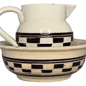 Antique Child&#39;s Mocha Mochaware Pitcher and Bowl - 19th Century Austria