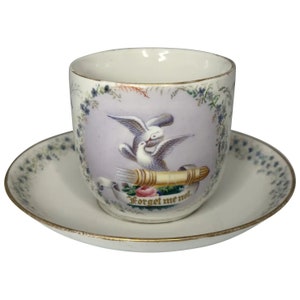 Antique Hand Painted Forget Me Not Doves Cup and Saucer c. 1900