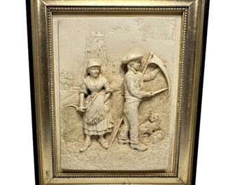 Ivorene Bas Relief Carved "Wheat Harvest" Framed Plaque by C. F. Becker c. 1890s