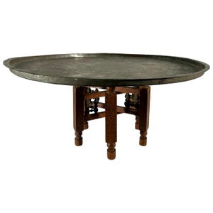 Moroccan Copper Tray Table: Hand-Etched Floral Design, Folding Wood Base