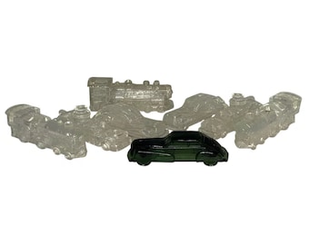 Colección de contenedores de caramelos de vidrio vintage: Automoción y locomotoras