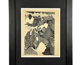Vintage Pen & Ink Abstract Art by Bill Hinz - MCM Framed Artwork