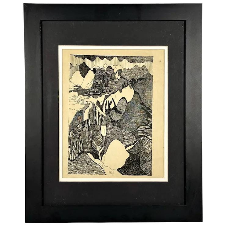 Vintage Pen & Ink Abstract Art by Bill Hinz - MCM Framed Artwork