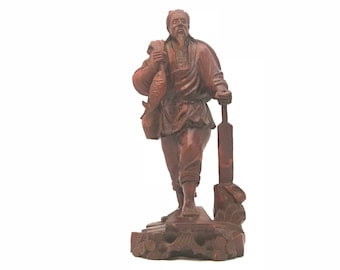 Figura antigua de pescador chino tallado en palisandro