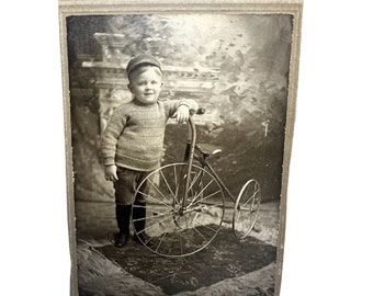 Antique Cabinet Card Photo: Young Boy with Tricycle, 19th Century