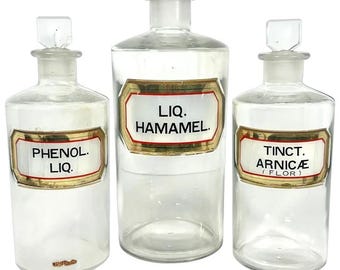 Colección de botellas de boticario antiguas: botellas con tapón de vidrio y etiqueta LUG
