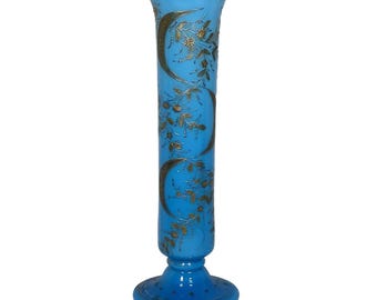 Victorian Moser Blue Opaline Glass Vase: Gilt Floral Decor, 15.5"