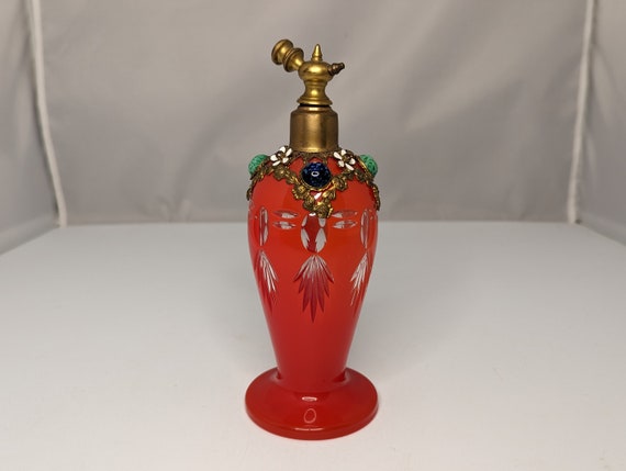 Czech Red Cut to Clear Jeweled Atomizer: Ormolu Filigree Floral Design View 2