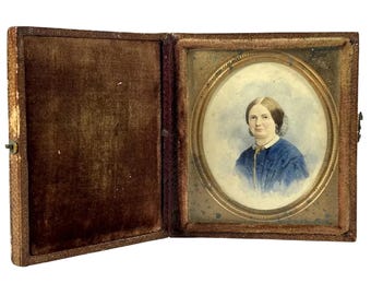 Antique Miniature Portrait Painting of Woman in Original Presentation Case