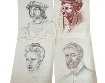 Old Master Artwork Drawings: 20th Century Portrait Sketches, Set of Four