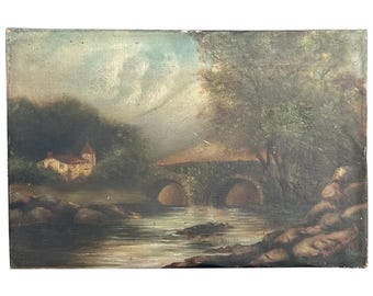 Antique Folk Art Oil Painting Scenic Church Bridge Setting, artist signed & dated