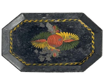 Antique Toleware Tray: Hand-Painted Floral Folk Art, c. 1835