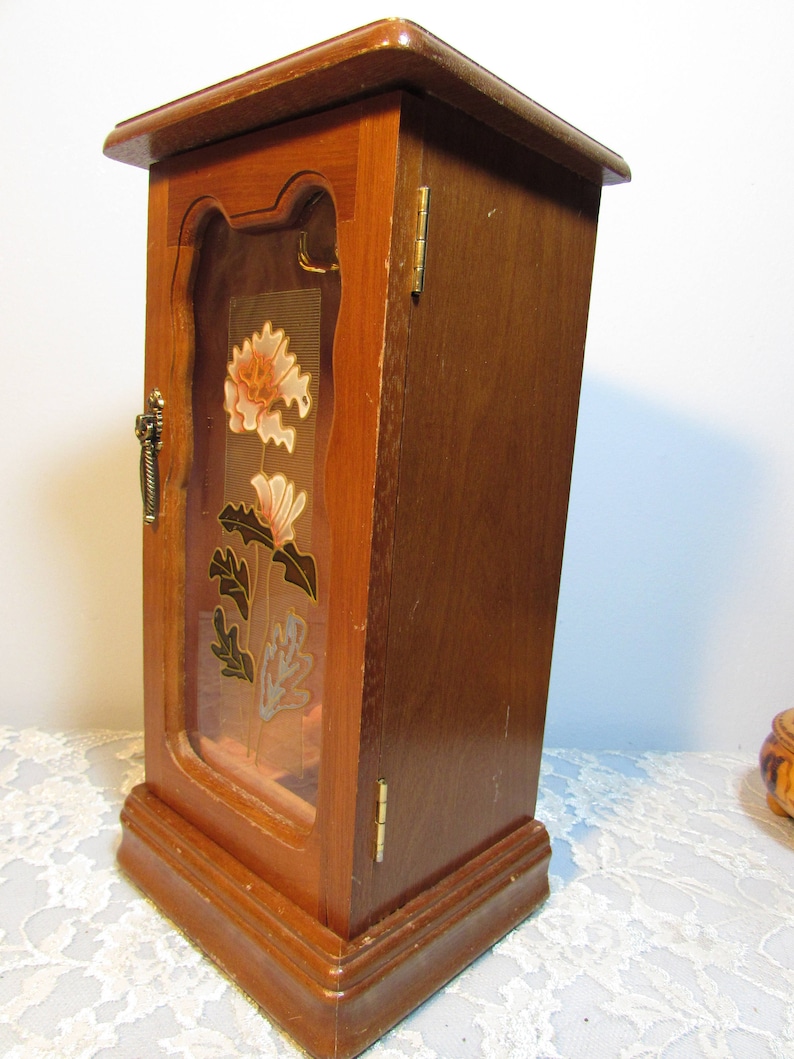 Wood Jewelry Box Floral Glass Door Mirrored Back
