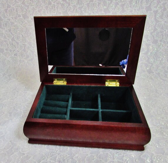 Tapestry Wood Jewelry Box Green Velvet Interior Mirror Tapestry Wood Jewelry Box Green Velvet