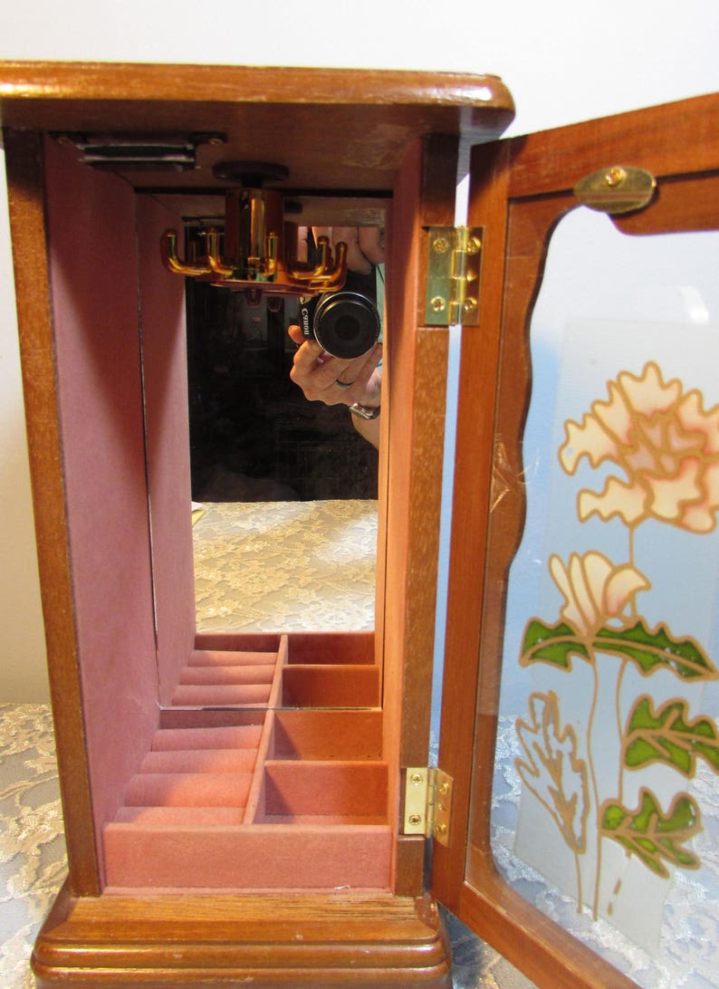 Wood Jewelry Box Floral Glass Door Mirrored Back
