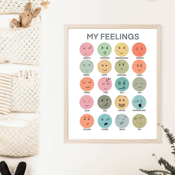 MY FEELINGS  MINIMALIST Simple Emotions poster with 20 emotions -  Playroom Wall - Classroom Decor - Homeschool Printable - Preschool