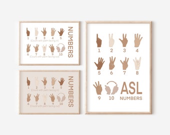 ASL American Sign Language NUMBERS Printable SET - Minimalist Neutral - Educational Poster - Playroom Wall - Classroom Decor - Preschool