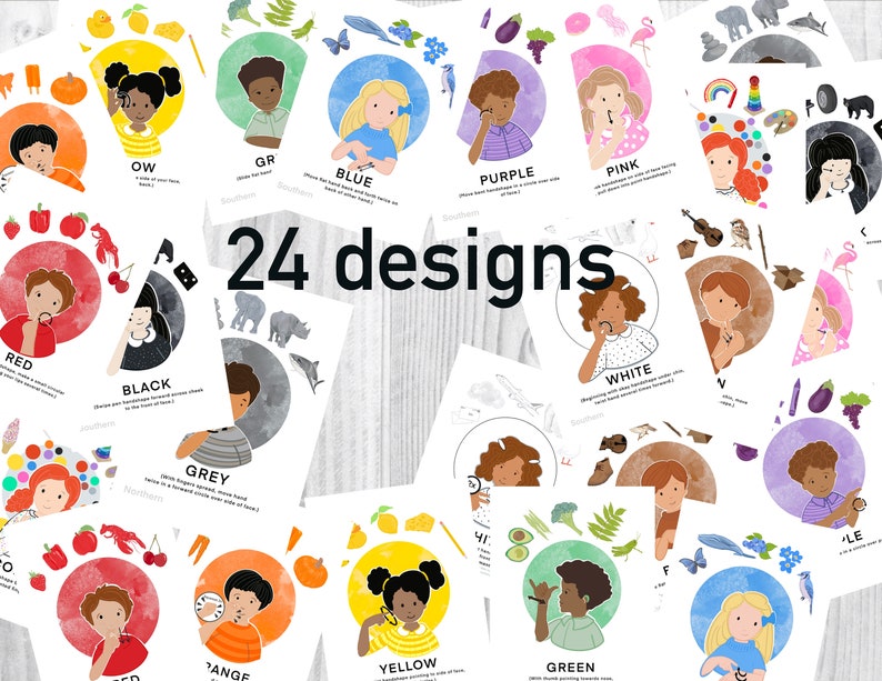 May include: 24 colorful cards with illustrations of people signing different colors in American Sign Language. Each card has a title with the color name and a description of the sign.