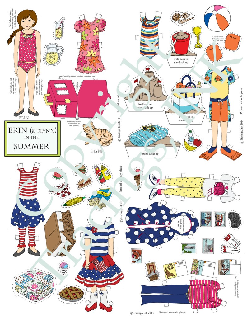 Paper Doll Setpdf Printableerin in the Summer Colored Paper Etsy