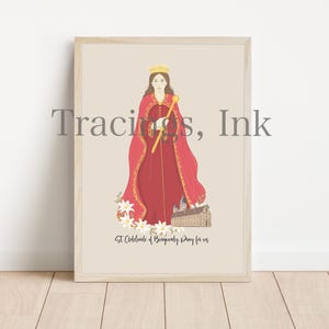Puede incluir: Una impresión de arte imprimible con una ilustración digital de Santa Adelaide de Borgoña, una reina con una túnica roja y una corona, sosteniendo un cetro. La impresión incluye el texto "Santa Adelaide de Borgoña Ruega por nosotros".